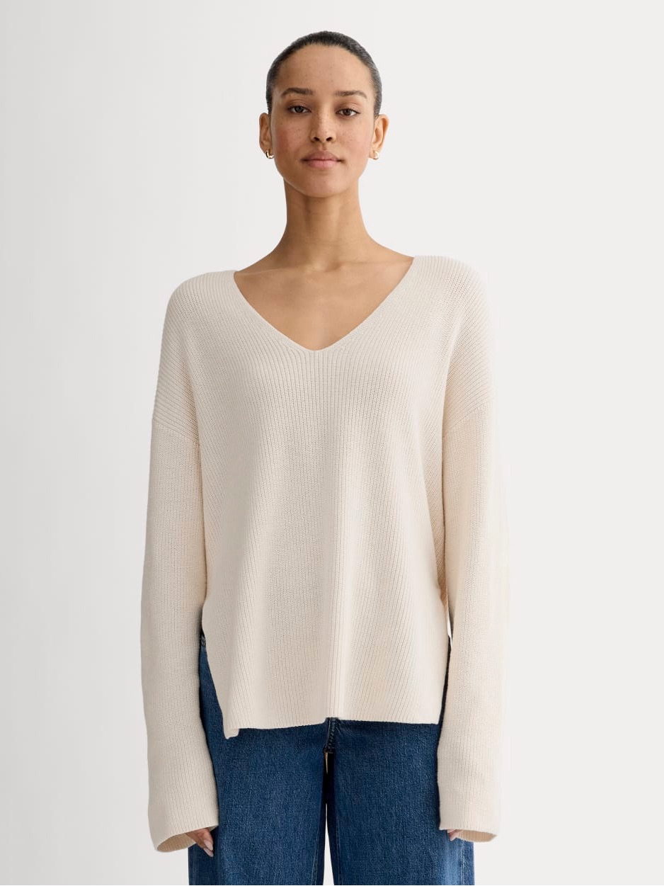 Everlane The Slouchy V-Neck In Everyday Cotton Canvas Ivory Sweater Size Xs Nwot